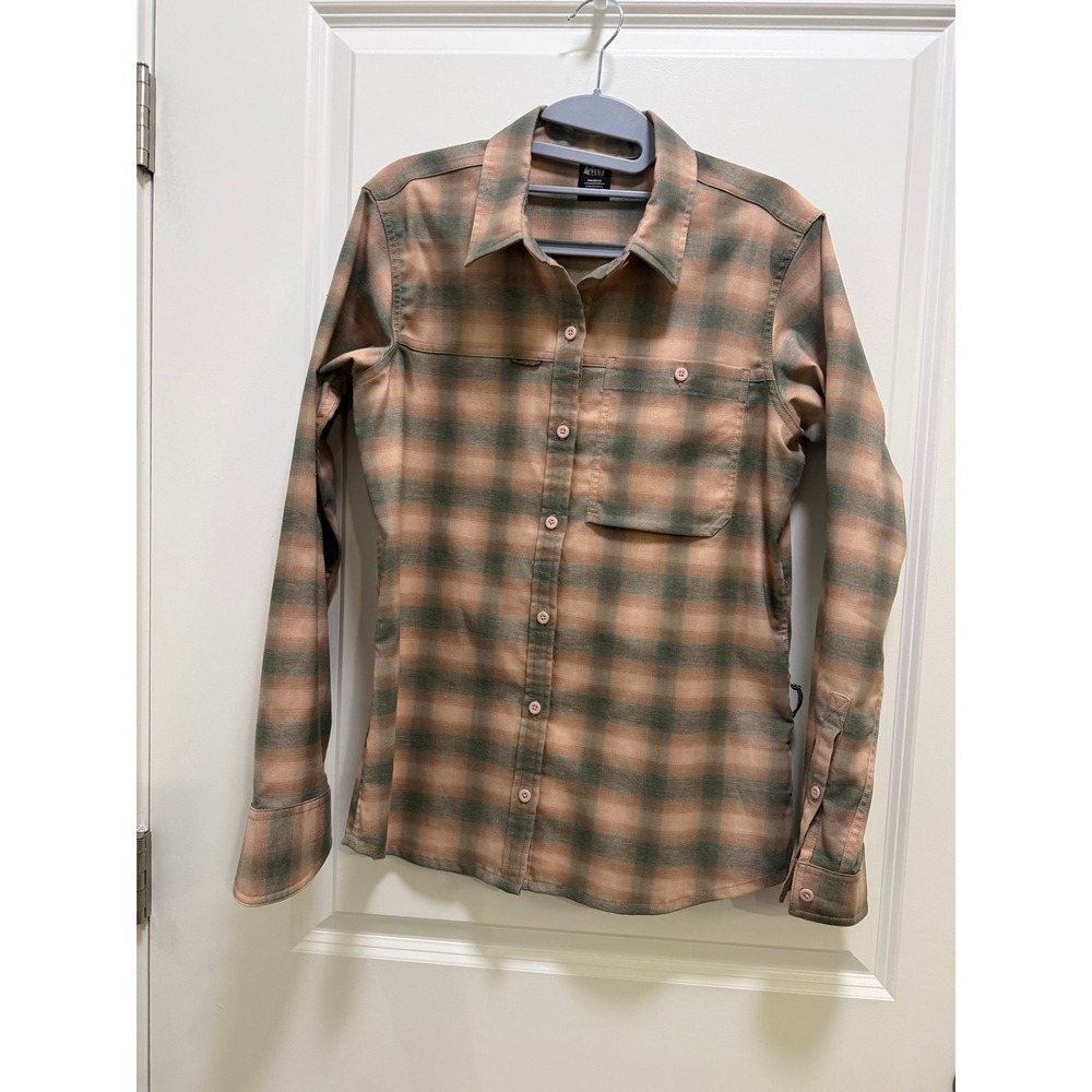 REI Co-op Womens Medium Plaid Long Sleeve Button Down Shirt Green Tan Pink